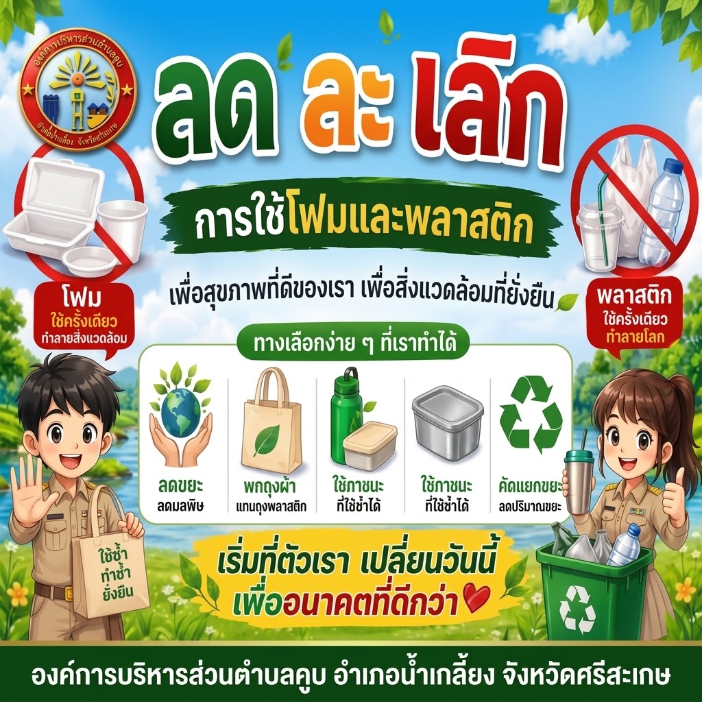 ประชาสัมพันธ์องค์การบริหารส่วนตำบลส่วนประชาสัมพันธ์องค์การบริหารส่วนตำบลคูบ ลดละเลิกการใช้โฟมและพลาสติกเพื่อสุขภาพที่ดีของเราเพื่อสิ่งแวดล้อมที่ยั่งยืน